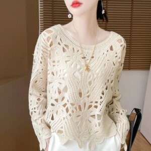 Women’s 100% Cashmere Hollow-Knit Crewneck Pullover – SS25 New Collection