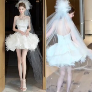 Customized Jersey Feather Pleat Party A-line Strapless Bespoke Occasion Gown Mini Dresses