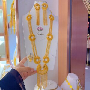 New Dubai 24K Gold Plated Necklace Earrings and Rings for Women’s Wedding Party Anniversary Gift Jewelry Set YY10514