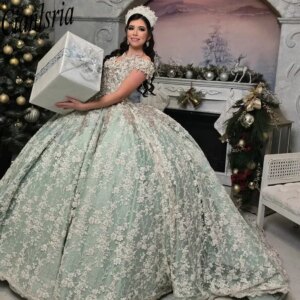 Mint Green Off The Shoulder Quinceanera Dresses Ball Gown Beading Crystal Appliques Lace Sweet 15 Años Mexican Customized