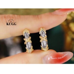 KUGG 18K White+Yellow Gold Earrings Women Shiny Cross Design 0.60carat Real Natural Diamond Hoop Earrings High Wedding Jewelry