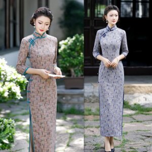 Retro National Style Middle-Aged  Elderly Women plus Size Cheongsam Qi Pao Autumn  Modified Long Type 3/4 Sleeve