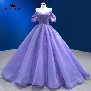 Exquisite Ball Gown V-Neck Evening Dresses Sequined Tulle Purple Detachable Off the Shoulder vestido de noche Custom Made EN29