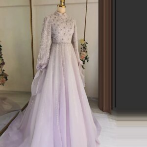 High Neck Long Sleeve A-line Evening Dress Beaded Arabic Dubai Crystal Party Dress Middle East Bow Celebrity Dress Customized