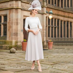 Customized Mother of the Bride Dresses 3/4 Sleeves Boat Neck Beadings Pearls A Line Party Gown Wedding Guest Dresses