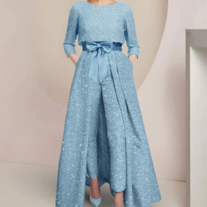 Jumpsuit / Pantsuit 2 Piece Mother of the Bride Dress Formal Wedding Guest Elegant Ankle Length Satin Sleeve with Bow(s) 2024