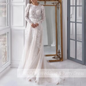 elegant O neck long sleeve 3D flower shinny lace wedding dress plus size robe de mariee Lace beading A line Wedding Bridal Gown