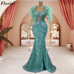 Mint Green Long Sleeves Celebrity Dresses Mermeaid Feathers Evening Gowns Crystals Special Occasion Dresses Vestidos Para Mujer