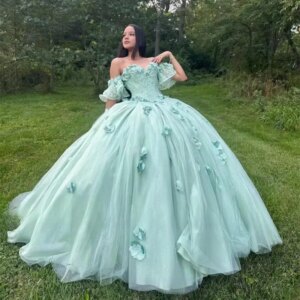 Customized Sage Green Princess Quinceanera Dress Ball Gown Off Shoulder Flowers Appliques vestidos de 15 años Party Dress Lace
