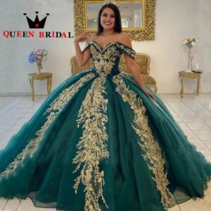 Sweetheart Off Shoulder Quinceanera Dresses Elegant Green Appliques Lace Prom Ball Gowns Vestidos De Quinceañera Custom L52W