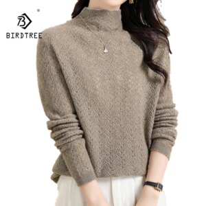 Birdtree,100% Cashmere Elegant Sweater,Women’s Semi High Neck Loose Casual Solid Color Sweater,2024 Autumn/Winter New T48019KS