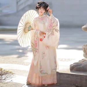 New stand collar gown Hanfu female heavy industry embroidery shoulder skirt set three-piece suit