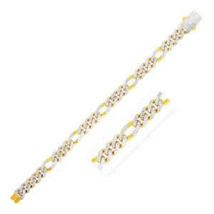 14k Yellow Gold White Pave High Polish Modern Lite Figaro Bracelet 9.5mm