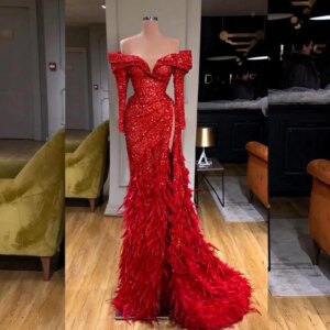 Charming Red Sequins Evening Dresses African Girls High Split Crystal Beaded Mermaid Wedding Party Gowns 2025 Luxery Customized