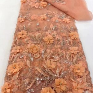 Latest Peach African Sequins Beaded Laces Fabric 2024 High Quality French Mesh Tulle Embroidery Wedding Bridal Lace 5yards