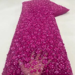 Elegant French Embroidery Heavy Beaded Net Lace Fabric African Nigerian Tulle Mesh with Sequins Fabric for Wedding TS2895