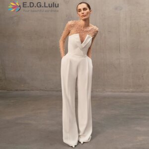 EDGLuLu See Through The Online Bubble Bead Jumpsuit Shorts+Strapless High Waisted Jumpsuit Pants White Suit Two Piece Set 0602