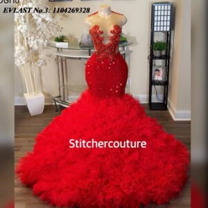 EVLAST Red Sequins Prom Dress Black Girls Ruffles Rhinestone Crystal Beaded Mermaid Wedding Party Gala Gown Customized E3P301