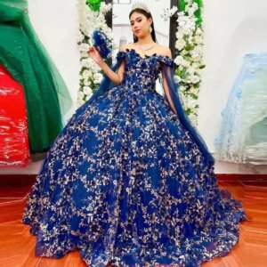 Customized Gemstone Blue Ball Gown Quinceanera Dresses for flower Appliques Off the Shoulder Sweetheart 15 Anos Vestido 