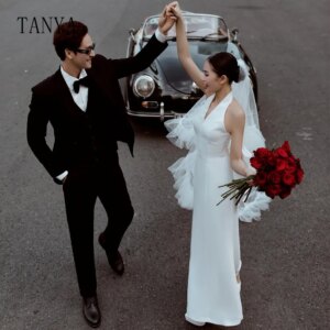 Deep V Neck Satin Wedding Dress With Detachable Big Bow Sexy Backless Sleeveless Ankle Length Sheath Bridal Photoshoot Dress