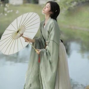 2024 New Style Cool Wei and Green Hanfu Elegant Collar Flow Skirt with Wide Sleeves Ancient Costume Long Dress Suit