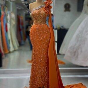 Orange Dubai One Shoulder Shawl Mermaid Evening Dresses Sparkly Beadings Flower Formal Ceremony Gowns Special Party Dress