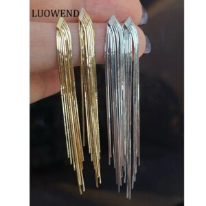 LUOWEND 100% 18K White/Yellow Gold Earrings Fashion INS Style Elegant Line Design Drop Earrings High Party Jewelry for Women