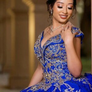 Blue Quinceanera Dresses For 16 Girl V-Neck Gold Appliques Lace Beading Princess Ball Gowns Birthday Prom Dress vestidos 15 de