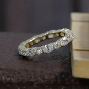 JY Jewelry 18K Yellow Real Gold 4*3mm Oval-Round 2.5mm Cut Lab Diamond Full Eternity Band Anniversary Wedding Ring For Women