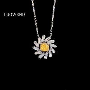 LUOWEND 100% 18K White Gold Necklace Real Natural Yellow Diamond Necklace for Women Romantic Flower Design High Wedding Jewelry