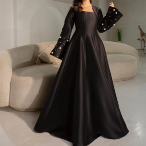 Vintage Long Black Satin Evening Dresses Square Collar Full Sleeves A Line Floor Length Vestido De Gala Noche Mujer