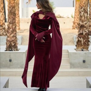 Customized Straight Prom Dresses Ankle-Length Full Sleeve V-Neck Valentine Dresses Simple Draped Fashion Stole Evening Dresses