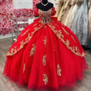 Customized Red Off The Shoulder Bow Ruffles Quinceanera Dresses Ball Gown Gold Appliques Lace Sweet 15 Años Mexican