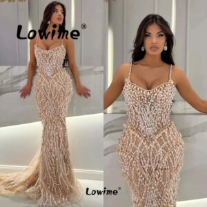 Champagne Pearl Prom Dress Mermaid Spaghetti Straps Wedding Party Dress Customized Arabic Celebrity Dresses Elegant Evening Gown