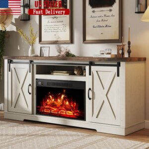 Fireplace TV Stand Sliding Barn Door Electric Fireplace Entertainment Center Storage TVs Up to 65 Inches Farmhouse Style