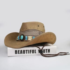 Vintage turquoise made old leather men’s and women’s large eaves national cowboy hat shade warm
