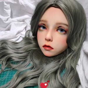 (Xu)Female Sweet Girl Resin Half Head Kigurumi Mask With BJD Eyes Cosplay Japanese Anime Role Lolita Doll Mask Crossdressing