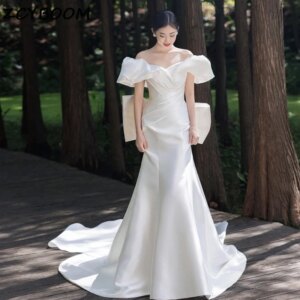 Customized Satin Boat Neck Off The Shoulder Wedding Dresses With Bow For Women 2025 Court Train Bridal Gowns Vestidos De Novia