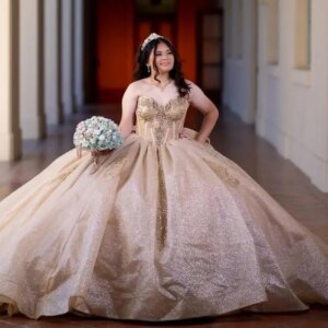 Customized Shiny champagne gold V-neck Off Shoulder Quinceanera Dress Applique Outer layer gauze vestidos de 15 Quinceanera