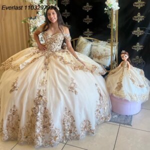 EVLAST Customized Gold Ivory Lace Quinceanera Dress Ball Gown Floral Applique Lace Corset Sweet 16 Vestidos De 15 Anos TQD841