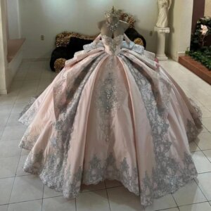 Customized Shiny Pink Off Shoulder Quinceanera Dress sequin applique crystal Lace Long tail Bow vestidos de 15 Quinceanera