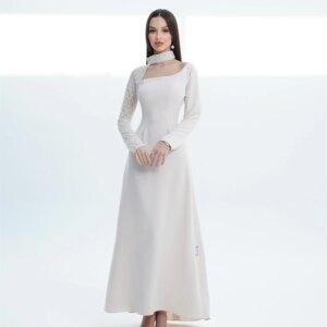 Customized Graceful White Jersey Evening Dress Fashion Sequined Crystal Square Collar Long Sleeves A-Line Vestido De N
