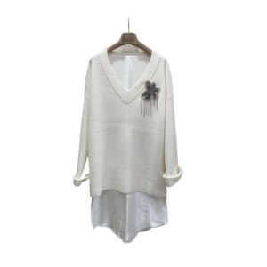 24 Women’s Sweater Vintage Winter Closing Warm Knitwear Thick Pullovers White V-neck British Rib Cashmere Dress 100% Silk 2piece