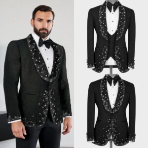 Designer Wedding Tuxedos Beaded Crystal Men Suit Shawl Lapel 2 Piece Set Jacket Vest Groom Wear Business Blazers Customized
