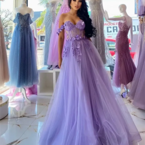 Customized Lilac Prom Dresses Off Shoulder Lace Applique Floral Tulle Long Sweep Train Prom Gown Formal Party vestidos de fiesta