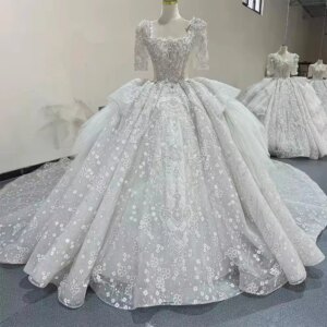 Vestido De Novias Half Sleeves Square Collar Beading Crystal Wedding Dress Ball Gown Lace Long Bridal Dress