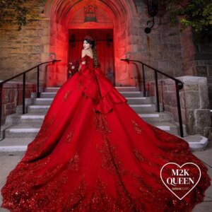 Exquisite Red Sequins Appliques Quinceanera Dress Ball Gown Beads Crystals Pearls Bow Vestido Princesa Court Train Customized