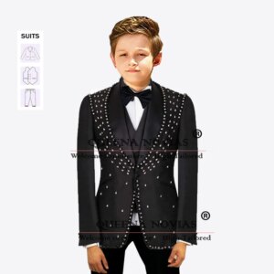 Luxury Children Formal Occasion Wedding Tuxedo Customized 3-Piece Set Boy Suits Single Breasted Beaded Stones Blazers Kids Coat