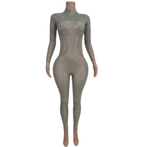 Sparkly Long Sleeves Crystal One Piece Bodysuit Music Festival Outfits Stage Performance Rompers Women Sexy Rhinestone Jumpsuits