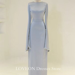 Crepe Pearls Sky Blue Formal Evening Dresses Modest Long Sleeves فساتين سهرة Customized Elegant Prom Growns Party Women